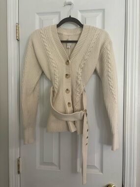 Maeve Cream Cable-Knit V-Neck Belted Cardigan